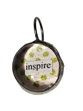 Handcrafted Pendant Green Polka Dot Fabric Inspire Text Glass Dome Silver Tone